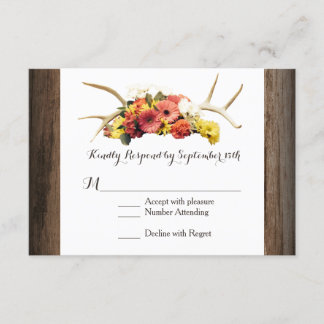Rustic Deer Antlers Daisy Wood Wedding RSVP Cards