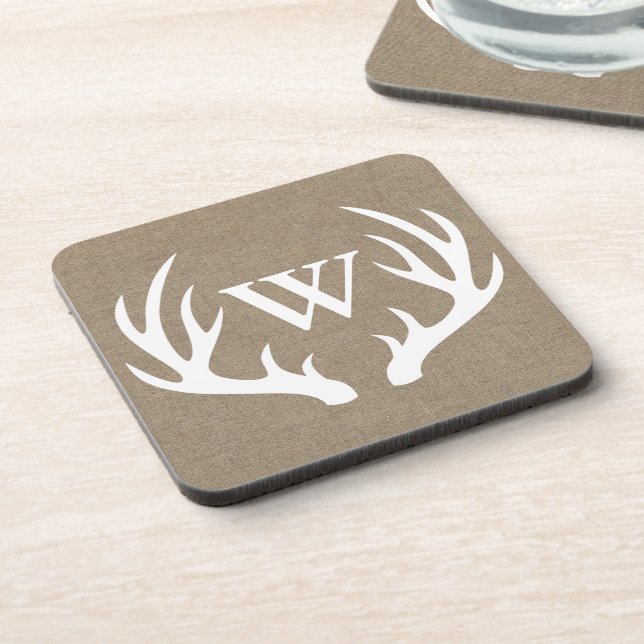 Rustic Deer Antlers Faux Burlap Family Initial Drink Coaster (Left Side)