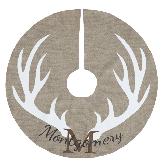 Rustic Deer Antlers Faux Burlap Family Name Brushed Polyester Tree Skirt (Front)