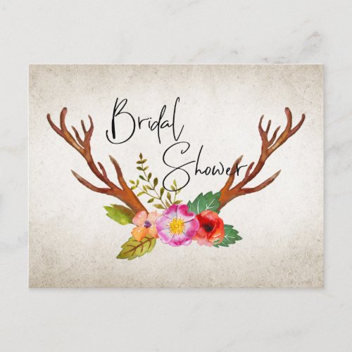 Rustic Deer Antlers Floral Bridal Shower Invitation Postcard