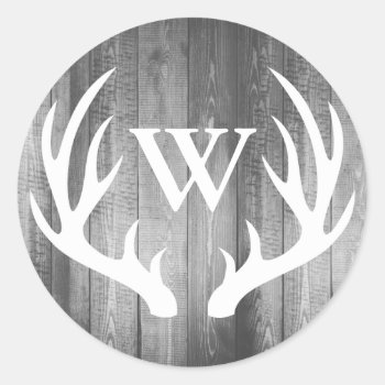 Rustic Deer Antlers Gray Barn Wood | Monogram Classic Round Sticker by GrudaHomeDecor at Zazzle