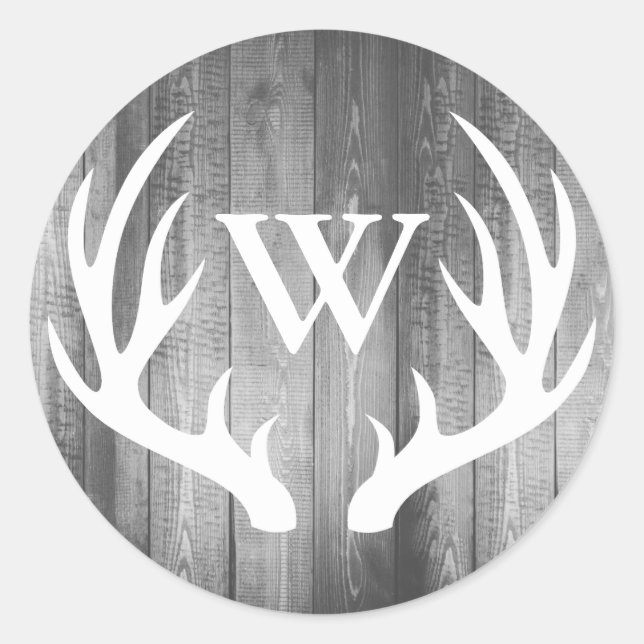 Rustic Deer Antlers Gray Barn Wood | Monogram Classic Round Sticker (Front)