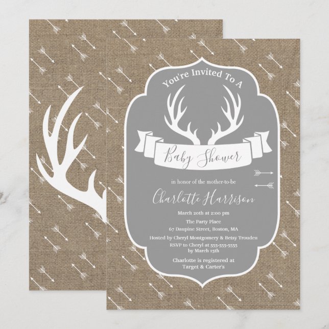 Rustic Deer Antlers Gray & Faux Burlap Baby Shower Invitation (Front/Back)