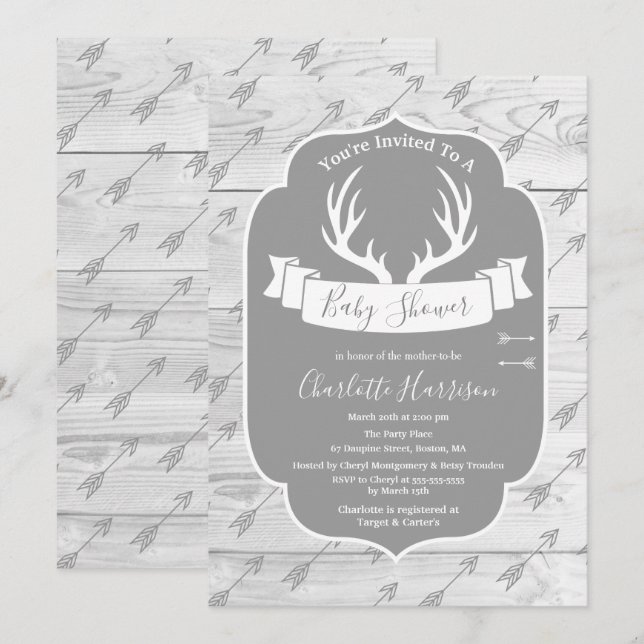 Rustic Deer Antlers Gray & White Wood Baby Shower Invitation (Front/Back)