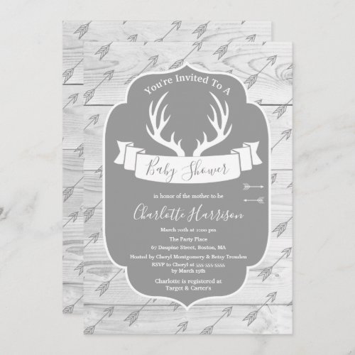 Rustic Deer Antlers Gray  White Wood Baby Shower Invitation