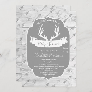 Rustic Deer Antlers Gray & White Wood Baby Shower Invitation