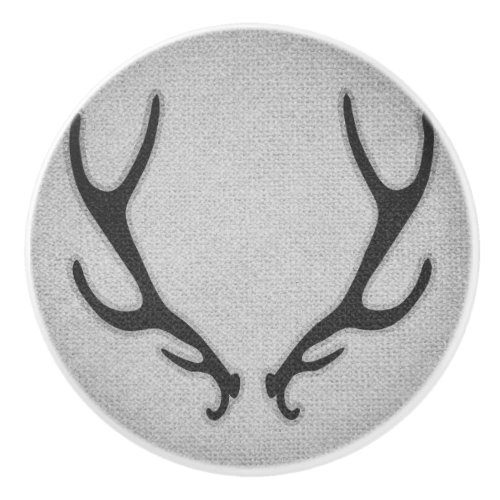 Rustic Deer Antlers Grey Faux Burlap Texture Ceramic Knob