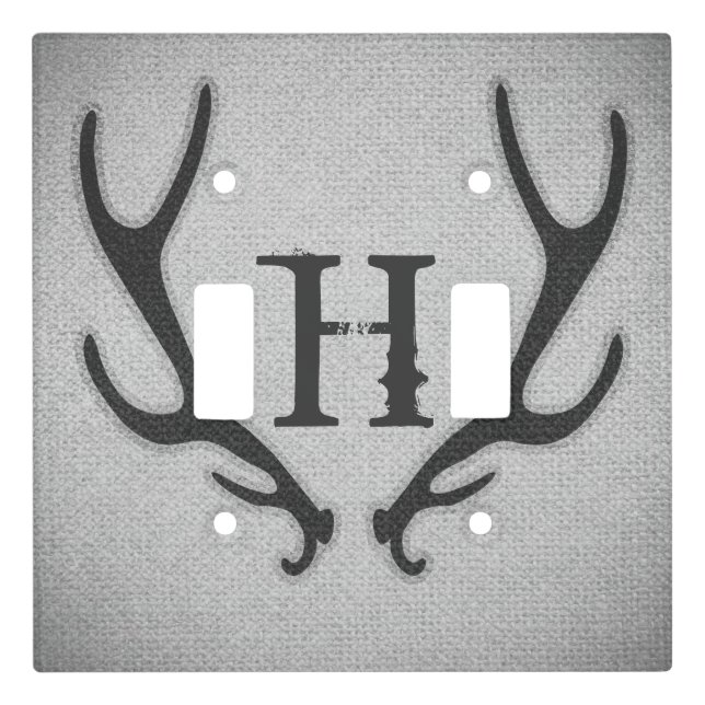Rustic Deer Antlers Grey Faux Burlap Texture Light Switch Cover (Front)
