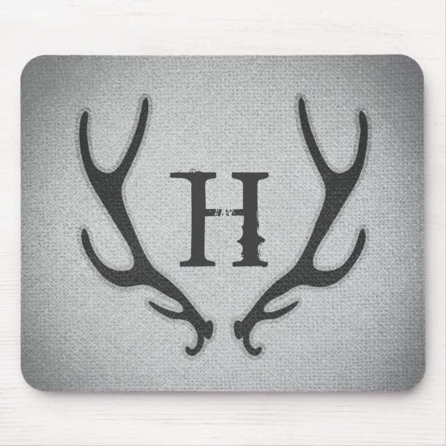Rustic Deer Antlers Grey Faux Burlap Texture Mouse Pad (Front)