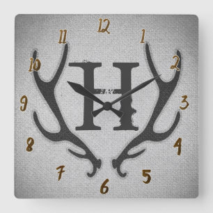Rustic Deer Antlers Grey Faux Burlap Texture Square Wall Clock