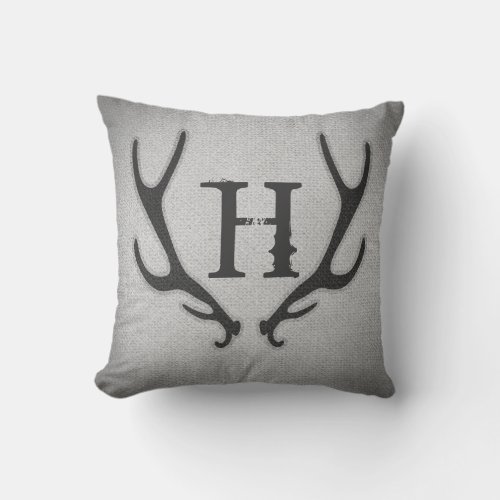 Rustic Deer Antlers Grey Faux Burlap Texture Throw Pillow