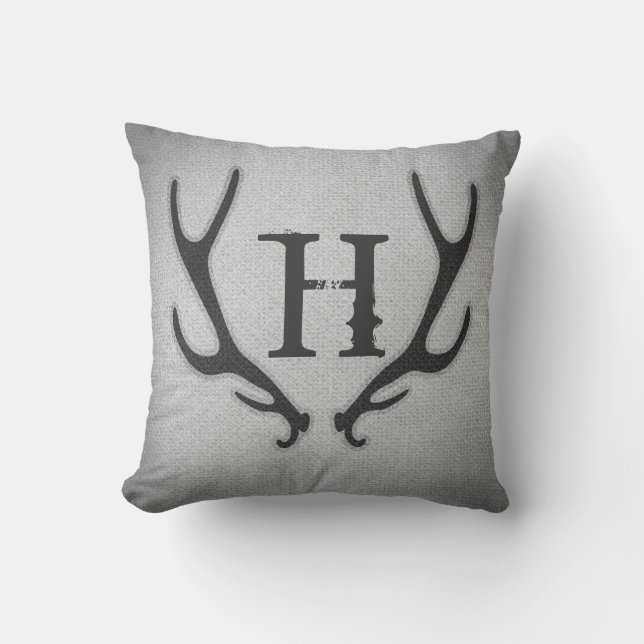 Rustic Deer Antlers Grey Faux Burlap Texture Throw Pillow (Front)