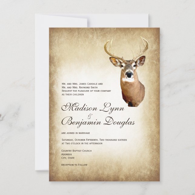 Rustic Deer Antlers Hunting Wedding Invitations (Front)