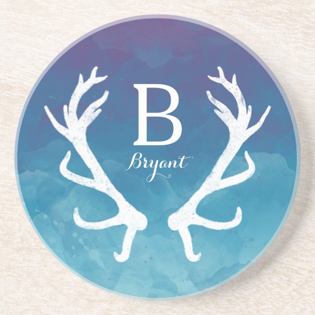 Rustic Deer Antlers Monogram Blue Watercolor Drink Coaster (Front)