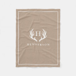 Rustic Deer Antlers Monogram Burlap Fleece Blanket