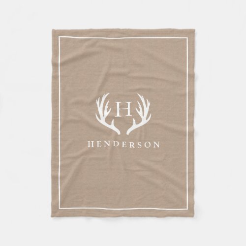 Rustic Deer Antlers Monogram Burlap Fleece Blanket