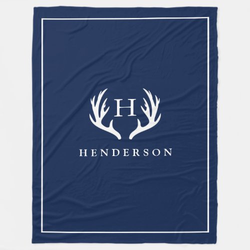 Rustic Deer Antlers Monogram Navy Fleece Blanket