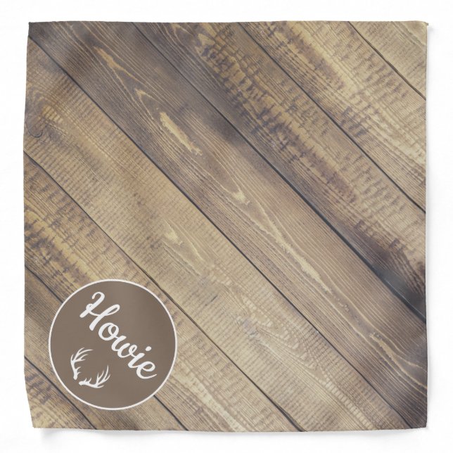 Rustic Deer Antlers Pet's Name & Barn Wood Bandana (Front)