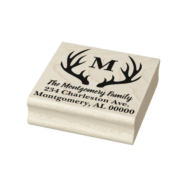 Rustic Deer Antlers Silhouette Family Name Address Rubber Stamp (Stamp)