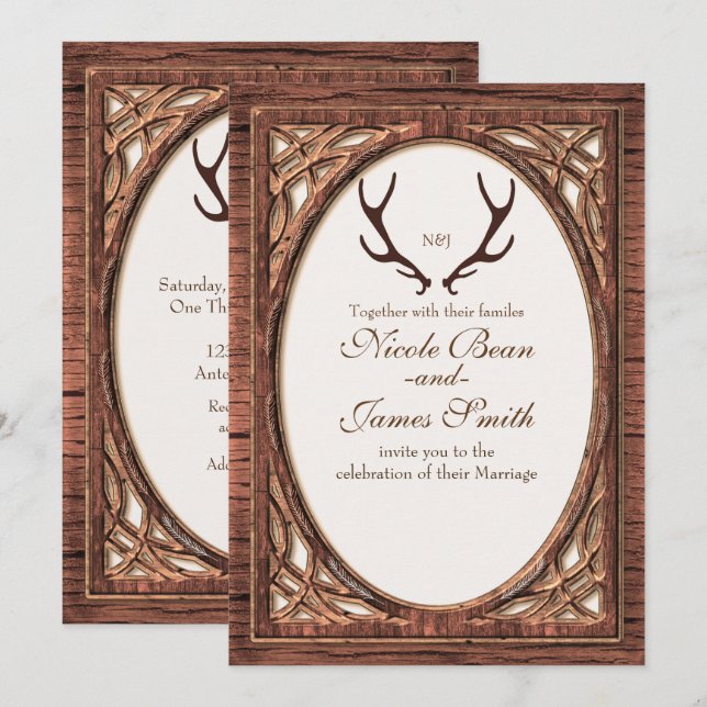 Rustic Deer Antlers Two Tone Wood Look Invitation (Front/Back)