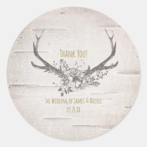 Rustic Deer Antlers  White Birch Vintage Wedding Classic Round Sticker