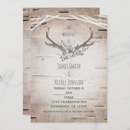 Rustic Deer Antlers  White Birch Vintage Wedding Invitation