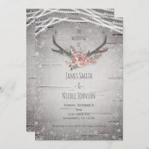 Rustic Deer Antlers  White Birch Winter Wedding Invitation