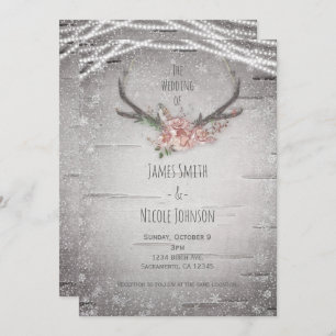 Rustic Deer Antlers & White Birch Winter Wedding Invitation