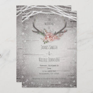 Rustic Deer Antlers & White Birch Winter Wedding Invitation