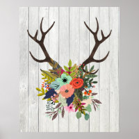 Rustic Deer Antlers with Flowers Poster