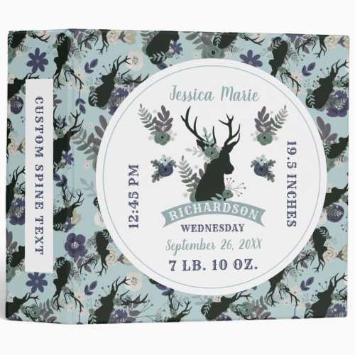 Rustic Deer Blue Baby Book Girls Birth Stats Album 3 Ring Binder