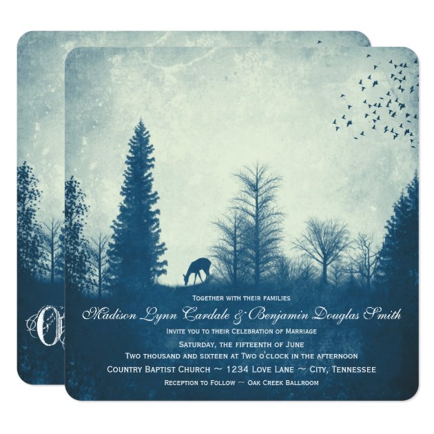 Rustic Deer Blue Country Trees Wedding Invitations