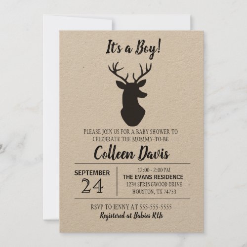 Rustic Deer Boy Baby Shower Invitation  Kraft