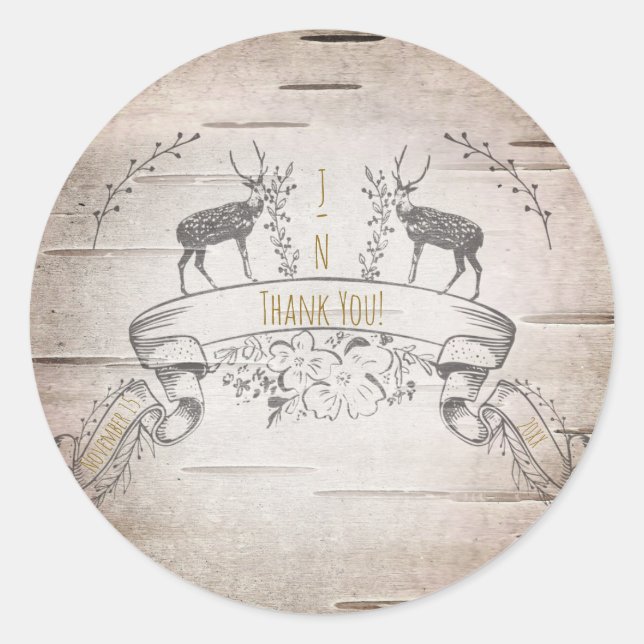 Rustic Deer & Branches Birch Wedding Favor Classic Round Sticker (Front)