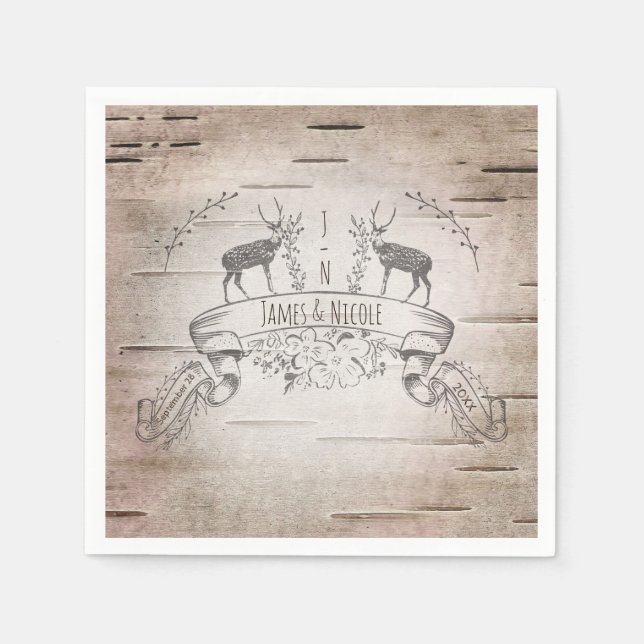 Rustic Deer & Branches Birch Wedding Reception Napkins (Front)