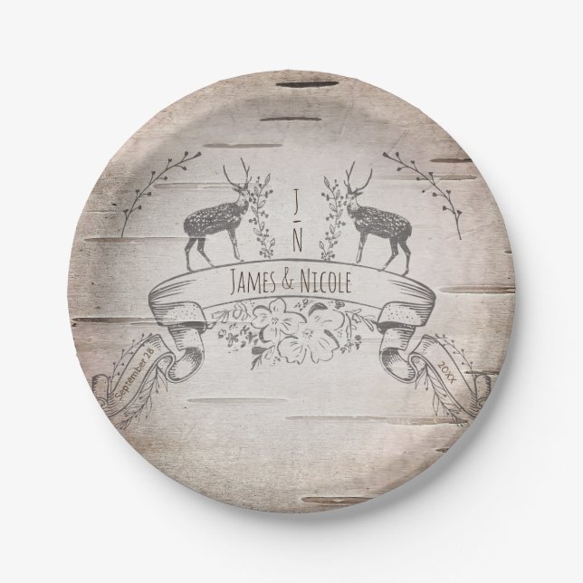 Rustic Deer & Branches Birch Wedding Reception Paper Plates (Front)