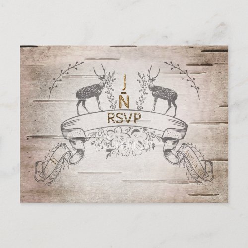 Rustic Deer  Branches Birch Wedding RSVP Invitation Postcard