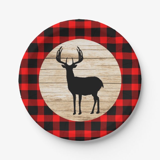 Rustic Deer Buck Buffalo Plaid Paper Plates (Front)