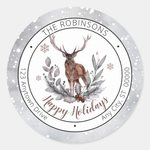 Rustic Deer Buck Happy Holidays Family  Classic Round Sticker