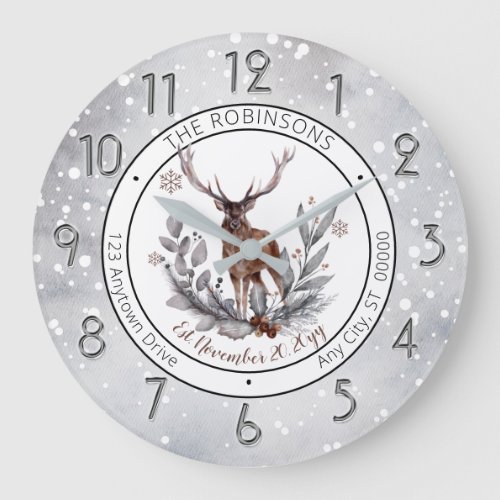 Rustic Deer Buck in Winter Gray  Brown Family Large Clock