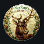 Rustic Deer Cabin Personalized Dart Board<br><div class="desc">This rustic country dartboard is perfect for adding a personalized touch to your cabin, lodge or home that features nature / animal decor. It shows a vintage image of a buck deer / reindeer with large antlers, recolored to add brightness and clarity, nestled between pine tree boughs. Add your name...</div>