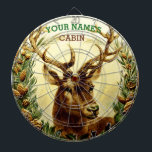 Rustic Deer Cabin Personalized Dart Board<br><div class="desc">This rustic country dartboard is perfect for adding a personalized touch to your cabin, lodge or home that features nature / animal decor. It shows a vintage image of a buck deer / reindeer with large antlers, recolored to add brightness and clarity, nestled between pine tree boughs. Add your name...</div>