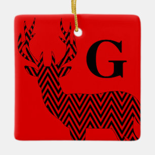 Rustic Deer Chevron Monogram red black Ceramic Ornament