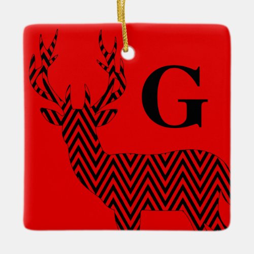 Rustic Deer Chevron Monogram  red black Ceramic Ornament