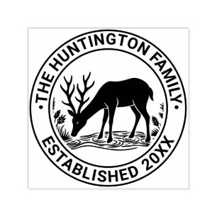Rustic Deer Drinking Water Family Name Date Est Self-inking Stamp