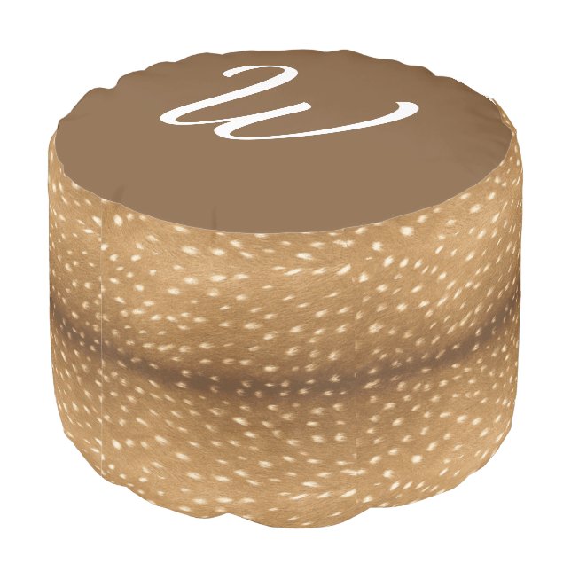 Rustic Deer Fawn Fur Print White Monogram Pouf (Angled Back)