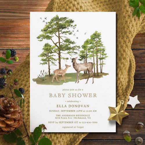 Rustic Deer Fawn  Neutral Woodland Baby Shower Invitation