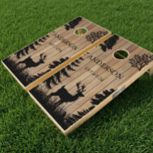 Rustic Deer Forest Monogrammed Wood Cornhole Set