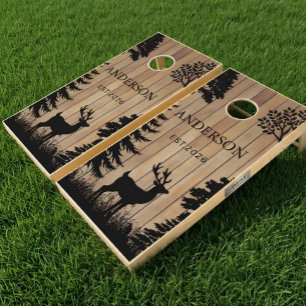 Rustic Deer Forest Monogrammed Wood Cornhole Set