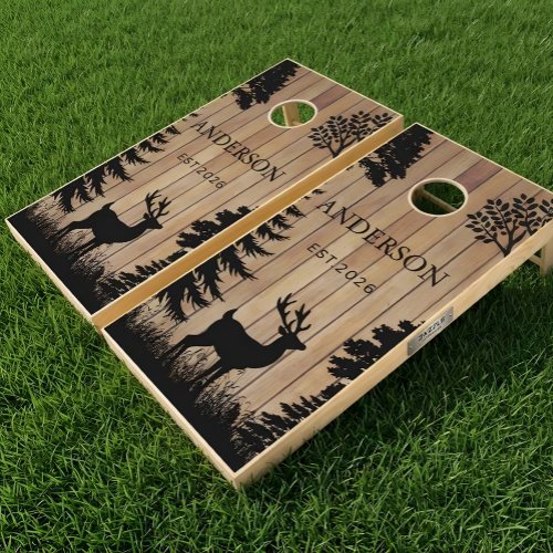 Rustic Deer Forest Monogrammed Wood Cornhole Set